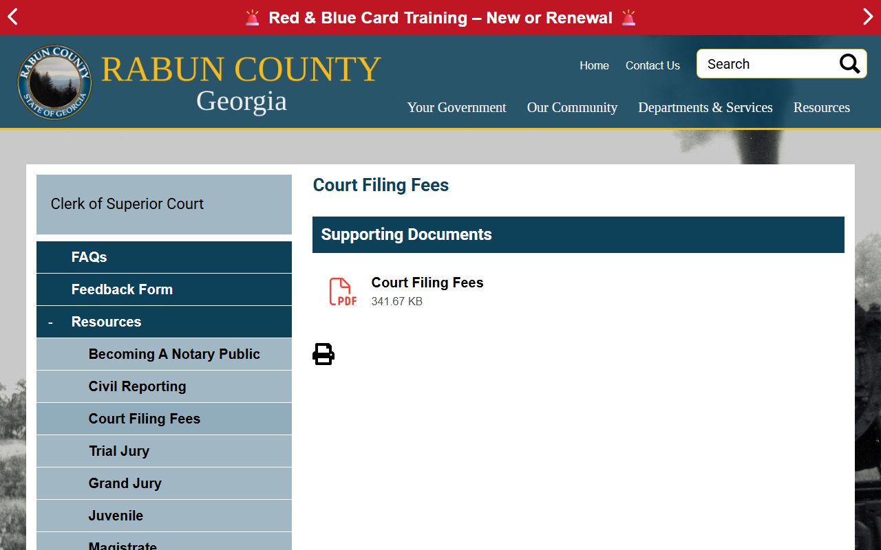 Rabun County Clerk of Superior Court filing fee records page