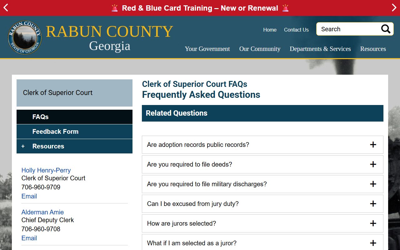 Rabun County Clerk of Superior Court FAQ records and jury page