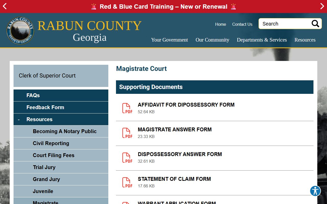 Rabun County Clerk Magistrate Court forms and records page